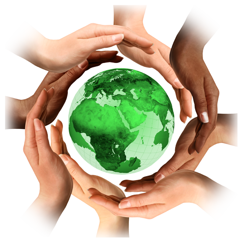 Icono sostenibilidad. Planeta tierra y manos unidas